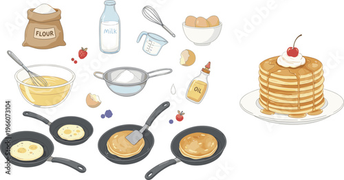 Step‑by‑step pancake making vector illustration showing ingredients, cooking process, and finished stack with syrup and toppings