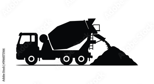 A black silhouette depicts a concrete mixer truck discharging material onto a growing pile industrial construction scene silhouette high quality professional