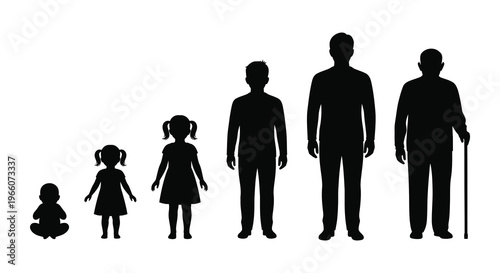 A series of black silhouettes depicts human growth stages from infancy to old age showing a generational timeline silhouette high quality