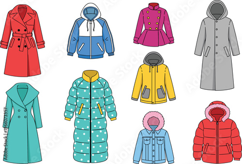 Vector illustration of coats and jackets including trench coat, hoodie, puffer, denim, and fur collar styles