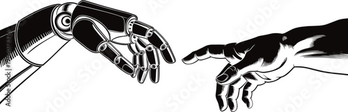 Black and white depicting a robotic hand and a human hand reaching towards each other in a symbolic gesture