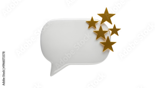 Foto Smooth white rounded speech bubble adorned with five golden shiny stars, isolate