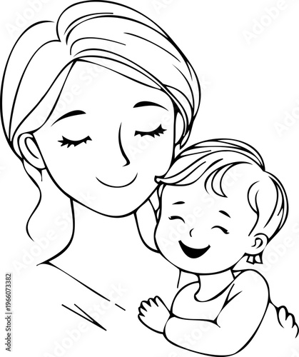 Mother holding a sleeping newborn baby line art illustration
