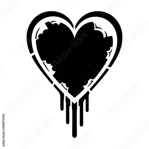 Black and white heart vector illustration with dripping paint effect.