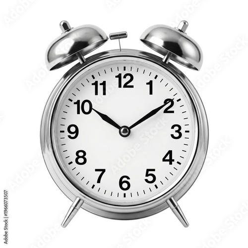 Classic silver alarm clock with two bells and a white face showing 10 10 isolated on transparent background