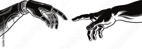 Close-up black and white of a robotic hand and a human hand with fingers almost touching in a symbolic encounter