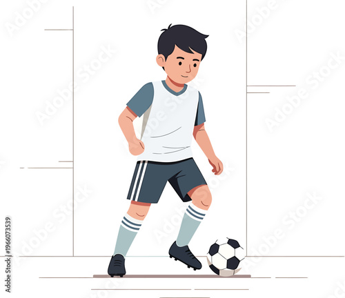 A cartoon illustration of an active young boy playing a fun game of soccer as he prepares to kick the ball in a sports competition