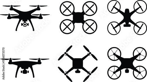 Collection of black silhouette and of various quadcopter drones viewed from and side angles, highlighting propellers and camera mounts