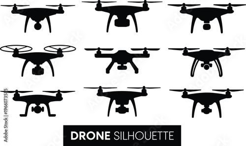 Collection of black silhouette representing various drone models viewed from different angles showcasing their propellers and camera attachments