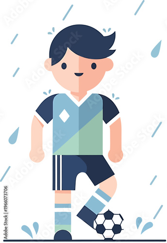 A smiling cartoon boy character in a school football kit enjoys a fun childhood drawing while playing soccer with a vector illustration clipart ball