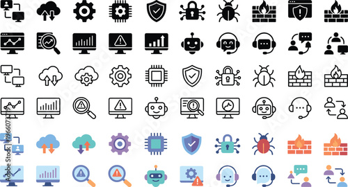 Cybersecurity and IT Infrastructure Icon Set with Cloud, Server, Firewall, Bug Protection, Data Analytics, AI Support, and Network Monitoring Vector Collection
