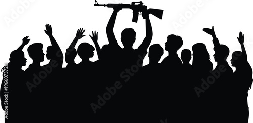 Silhouette of a crowd of people with one individual triumphantly holding a rifle above their head, symbolizing collective action and defiance