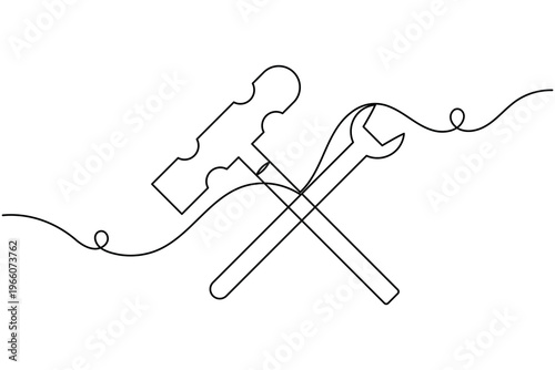Crossed hammer and wrench icon continuous one line drawing on white background single art minimalist engineering tools symbol outline vector illustration