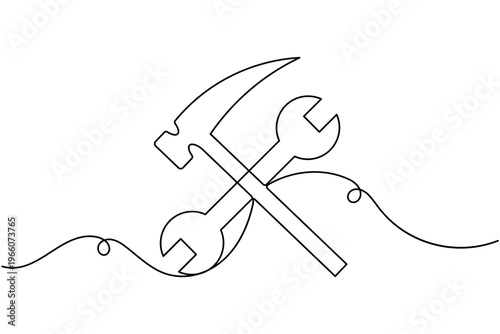Crossed hammer and wrench icon continuous one line drawing on white background single art minimalist engineering tools symbol outline vector illustration
