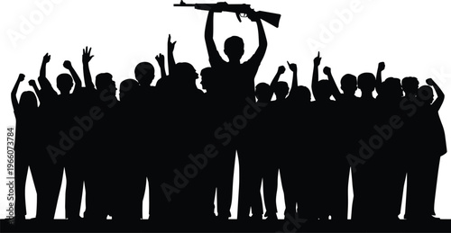Silhouette of a jubilant crowd with one person raising a rifle overhead in a powerful display of collective action and protest
