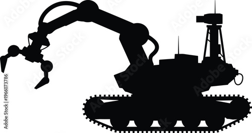 Silhouette of a heavy-duty tracked robot with a multi-jointed manipulator arm and a claw, designed for rugged terrain and demanding tasks