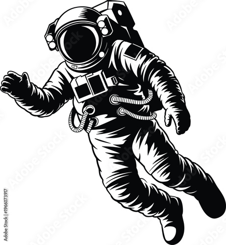 Stylized black and white of an astronaut floating in space wearing a detailed suit and helmet, conveying exploration