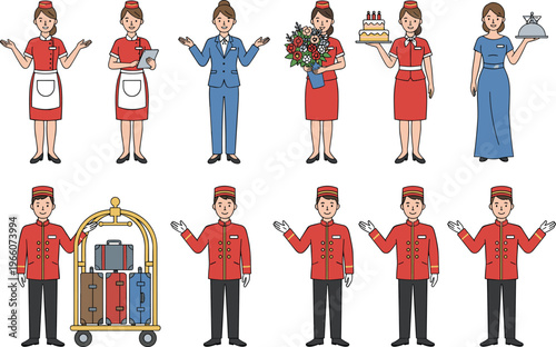 Vector illustration of hotel staff including housekeepers, managers, waitresses, concierges, pastry chefs, and bellhops