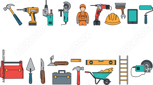Construction Tools and Worker Vector Icons Set Featuring Hammer, Drill, Saw, Toolbox, Level, Trowel, and Worker Helmet for DIY and Building Projects