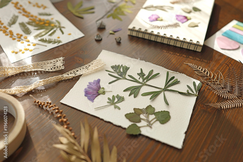 Creating botanical herbarium with pressed purple flowers and dried leaves in sketchbook. Creative workspace on wooden table with scissors, tweezers and crafting tools for DIY nature art project.