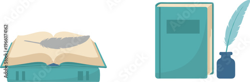 Vector illustration of open and closed books with feather quill and ink bottle representing writing and literature