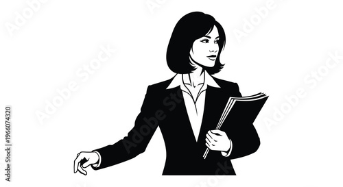 A stylish businesswoman in a suit holds papers gesturing with her hand a striking silhouette high quality professional detailed modern elegant