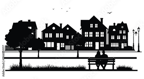 A striking black silhouette depicts a quaint european townscape with buildings trees and a couple on a bench silhouette high quality