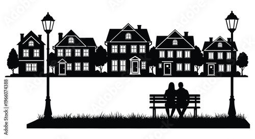A charming black cityscape depicts quaint houses street lamps and a couple on a bench a striking silhouette high quality