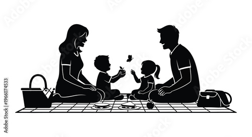 A family enjoys a sunny picnic together on a checkered blanket depicted in a striking silhouette high quality professional detailed modern