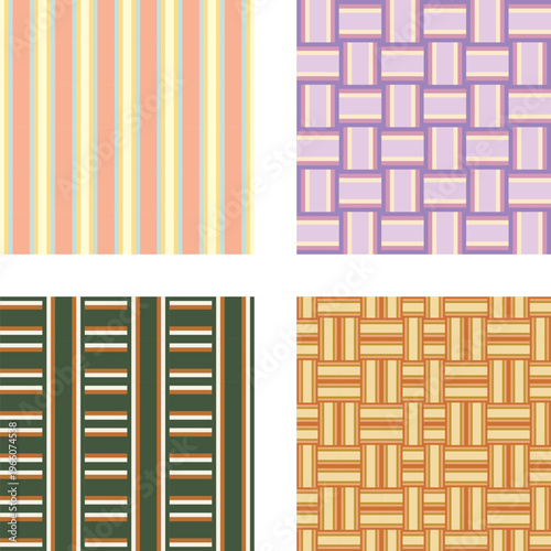 Set of seamless striped and woven geometric patterns in soft tones.