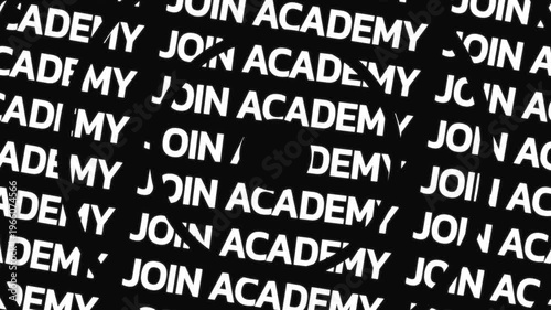 Rotating circular text animation displaying join academy phrase arranged in concentric motion with central empty space for overlay content.