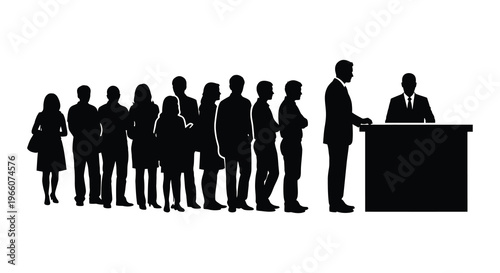 A line of people waiting with one person at a desk depicted as a striking black silhouette high quality professional detailed