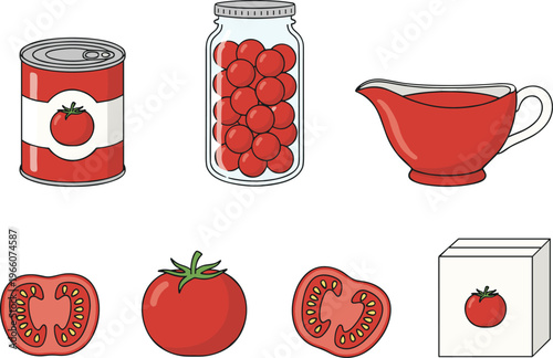 Vector illustration of tomatoes and packaging including cans, jars, sauce, fresh whole and sliced tomatoes