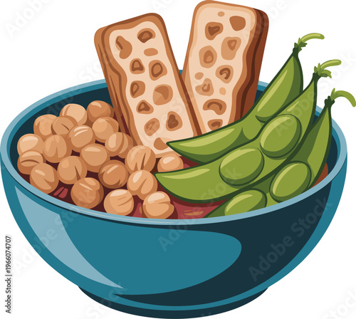 Colorful bowl of snacks with chickpeas a block of tempeh and green edamame food vector on white background.