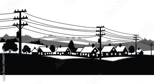 A stark black silhouette depicts a quaint village scene with houses hills and power lines against a bright background silhouette