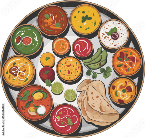 Gourmet thali assortment emphasizes the wide variety of dishes served together in a single meal setting vector on white background.