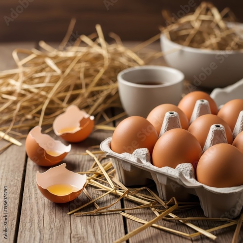 Brown chicken eggs in carton with broken shell on wooden table with straw. Farm fresh organic egg ingredient for cooking and baking. Rural kitchen food background concept for easter.