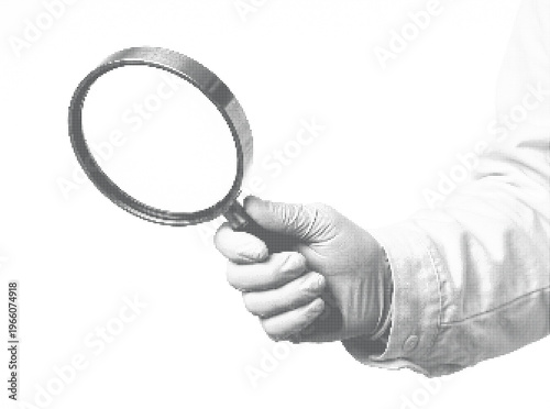 Magnifying glass in hand halftone design concept with dots texture for detailed research and investigation analysis.