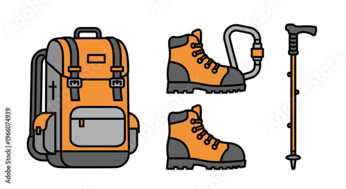 Vector illustration of hiking gear including backpack boots and trekking pole on for outdoor adventure, Generative AI.