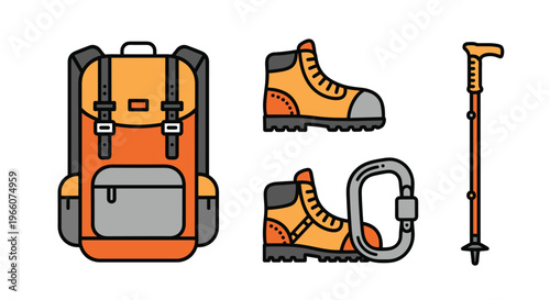 Colorful illustration of hiking gear including backpack boots and trekking pole, Generative AI.