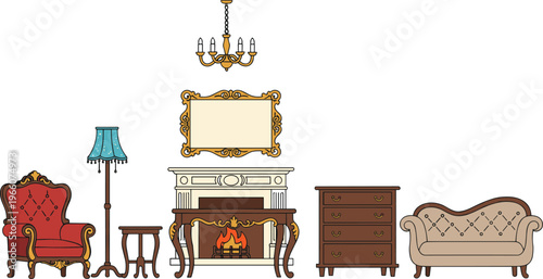 Vector illustration of vintage furniture and decor including armchair, lamp, fireplace, chandelier, sofa, and chest