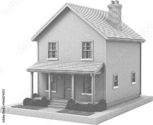 Traditional two-story family house halftone design concept with dots texture for suburban real estate marketing.