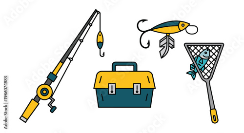Colorful illustration of fishing gear including a rod tackle box lure hook and net, Generative AI.