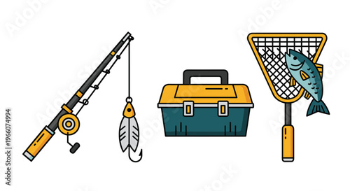 Colorful illustration of fishing gear including a rod lure tackle box and net with a fish, Generative AI.