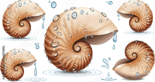 Nautilus Shell Vector Set with Realistic Illustrations Featuring Spiral Shells with Water Droplets for Ocean, Marine Life, Marine Biology, Education, and Digital Design Projects