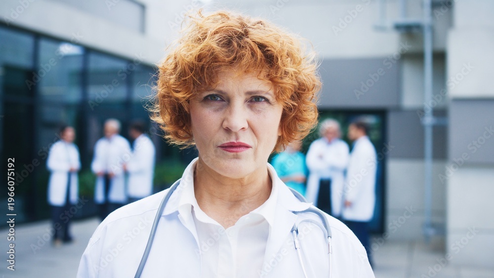 Fototapeta premium Charming Caucasian woman working as doctor. Relaxing outside hospital complex while smiling gently towards camera. Specialist holding relaxed posture. Medical staff in background discussing.
