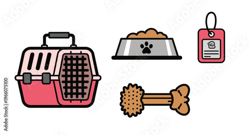 Colorful pet accessories including a carrier food bowl tag and dog bone, Generative AI.