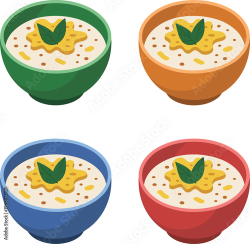 Set of colorful isometric bowls with creamy porridge garnished with a yellow topping and a single green leaf food vector on white background.