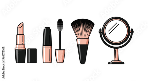 Vector illustration of various makeup products and tools including lipstick mascara brush and mirror, Generative AI.