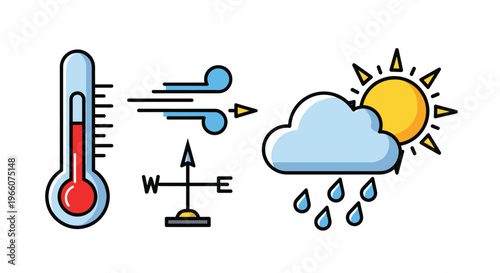 Weather forecast icons including thermometer wind direction cloud sun and rain, Generative AI.